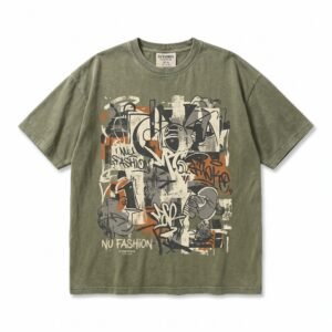 Nu Fashion Men's Olive Green Distressed Abstract Graffiti T-Shirt