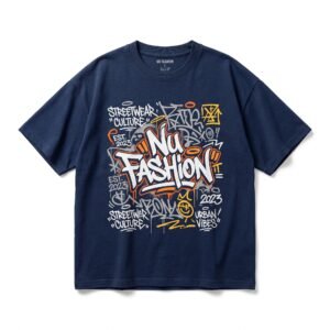 Nu Fashion Men's Oversized Urban Graffiti Typography T-Shirt - Navy Blue